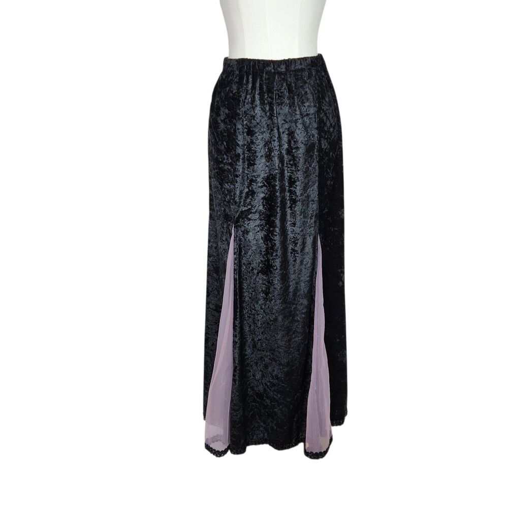Crushed Velvet Black Goth Maxi Skirt Lavender Mesh Inset S/M Halloween Costume